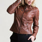 Womens  Genuine Lambskin Real Biker Motorcycle Slim Fit Leather Jacket Brown
