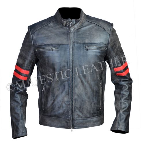 Herren Distressed Black Blooded Striped Smart Racer Biker Lederjacke
