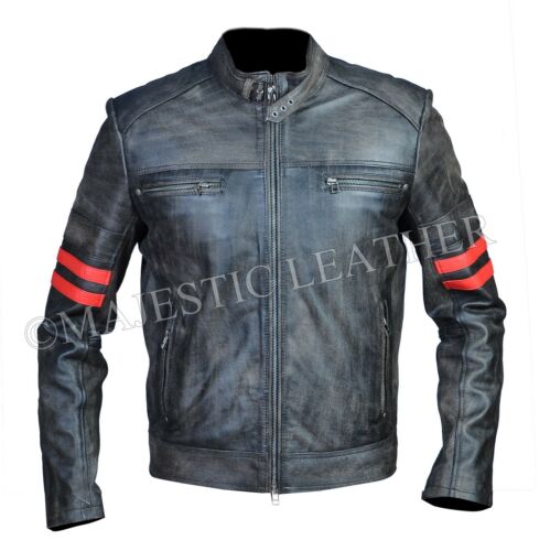 Herren Cafe Racer Distressed Schwarz Vintage Motorrad Biker Retro Lederjacke