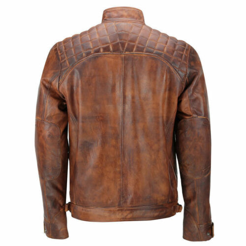 Rétro Hommes Fermeture Éclair Veste Motard Véritable Cuir Noir / Marron Rub Off