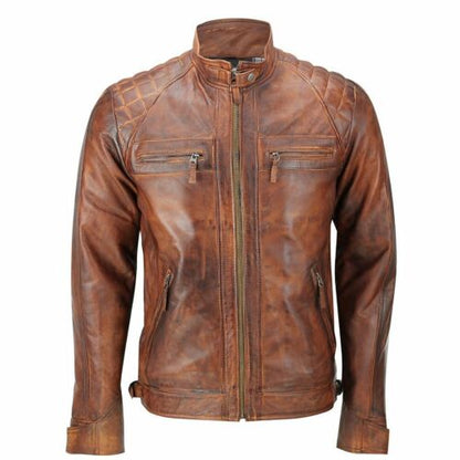 Mens Waxed Brown Distressed Leather Jacket Biker Lambskin