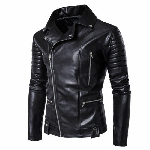 Homme Coupe Slim Peau D'Agneau Moto Veste Motard Véritable Veste Noire Cuir