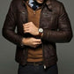 Men's Royal Handmade Belted Collar Chocolate Brown Cafe Racer Leather Jacket