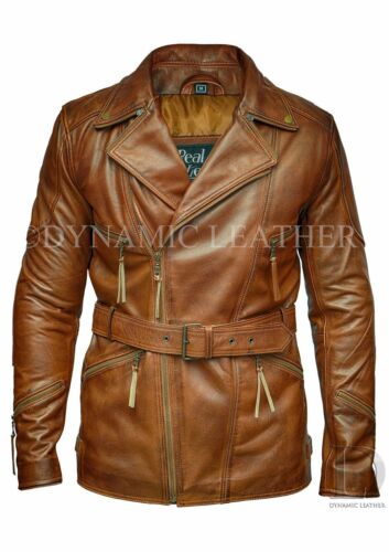 Hombre 3/4 Moto Biker Largo Cuero Vacuno Chaqueta