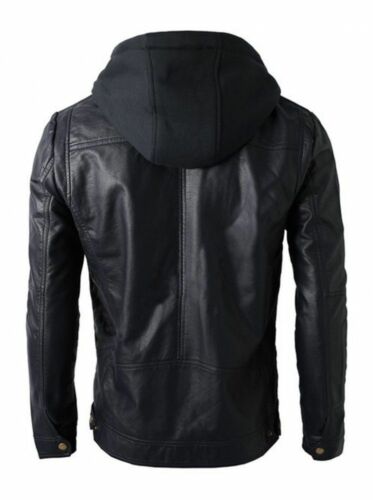 Nuovo da Uomo Motorino Brando Stile Biker Vera pelle Giacca Cappuccio -