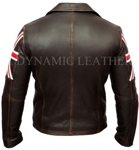 Mens Biker Vintage Distressed Brown Union Jack 2 Cafe Racer Leather Jacket