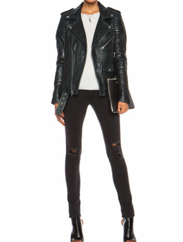 Women Leather Jacket Black Slim Fit Biker Motorcycle lambskin-All Sizes