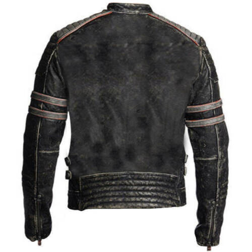 Retro Men`s Vintage Distressed Biker Motorcycle Black Leather Jacket