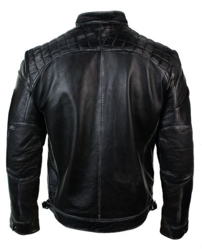 Mens Retro Zipped Biker Jacket Real Leather Black/Brown Rub Off Vintage Style
