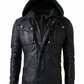 Uomo Brando Zip Doppia Slim Vera pelle Giacca con Cappuccio Staccabile