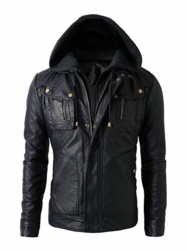 Uomo Brando Zip Doppia Slim Vera pelle Giacca con Cappuccio Staccabile