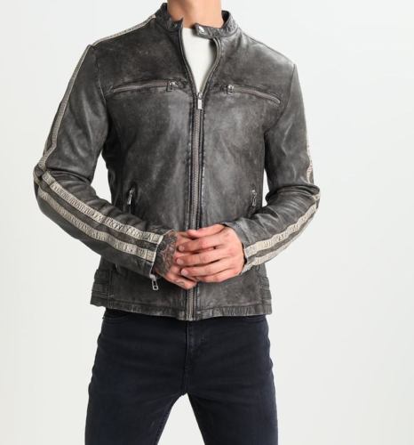 Herren Biker Distressed gewachst Vintage schwarz Jacke echtes Leder