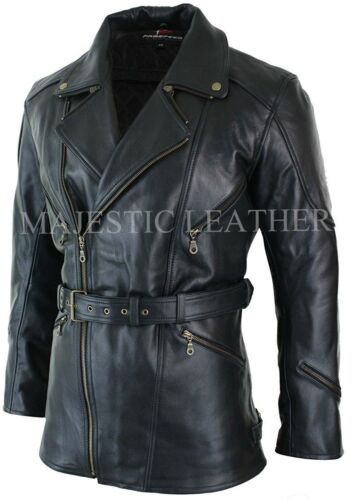 Hombre 3/4 Moto Biker Largo Cuero Vacuno Chaqueta