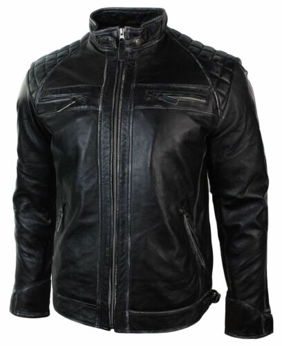 Rétro Hommes Fermeture Éclair Veste Motard Véritable Cuir Noir / Marron Rub Off