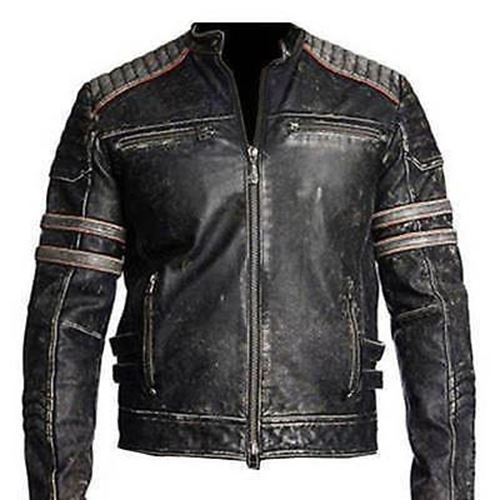 Herren Biker Vintage Motorrad Distressed schwarz Retro Lederjacke