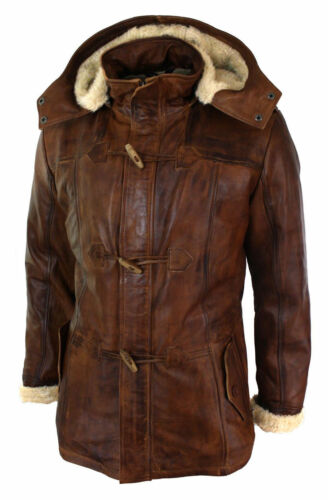 Mens Real Leather Hood Duffle Safari Fur Long 3/4 Brown Tan Winter Jacket