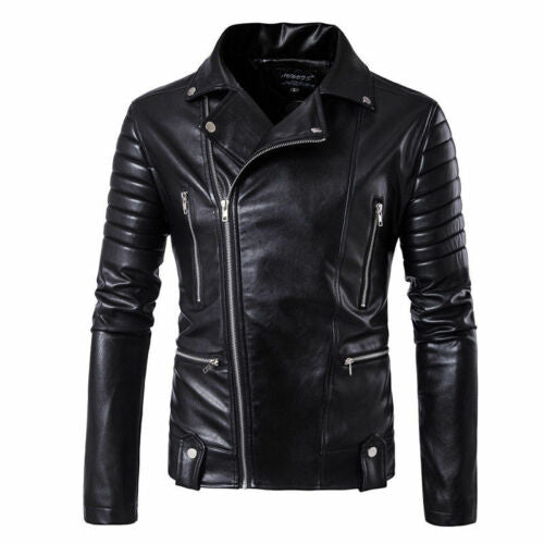 Homme Coupe Slim Peau D'Agneau Moto Veste Motard Véritable Veste Noire Cuir