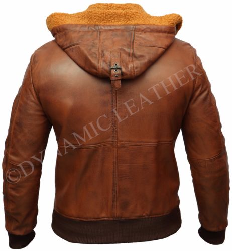 Mens Retro Brown Hooded Fur Real Leather Bomber Jacket