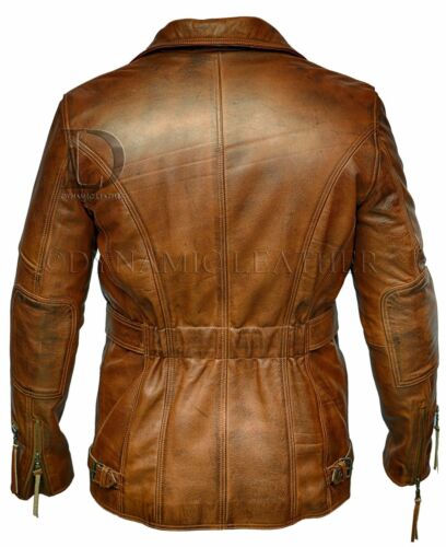 Hombre 3/4 Moto Biker Largo Cuero Vacuno Chaqueta