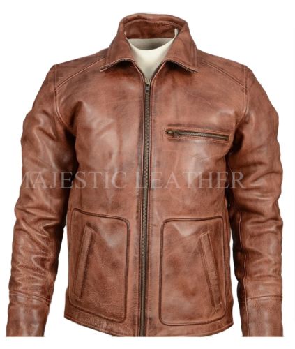 Mens Biker Vintage Antique Brown Smart Cafe Racer Real Leather Jacket