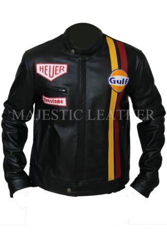 Steve Mcqueen Le Mans Chaqueta Gulf Cuero Negro Chaqueta