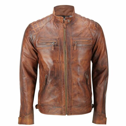 Hombre Cuero Desgastado Chaqueta Estilo Motero Piel de Cordero