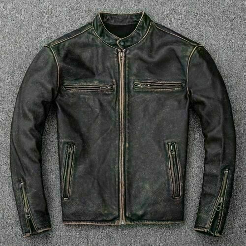 Men’s F&R Motorcycle Biker Vintage Distressed Black Faded Real Leather Jacket (705)