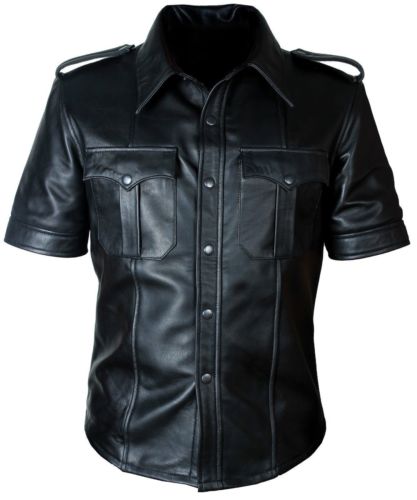 Mens Hot Genuine Real Leather Police Uniform Bluff Gay Shirt