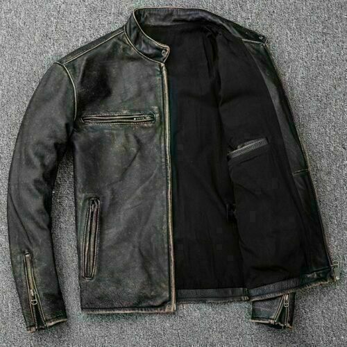 Men’s F&R Motorcycle Biker Vintage Distressed Black Faded Real Leather Jacket (705)