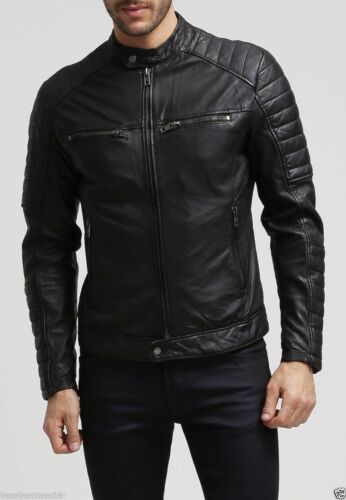 Herren Enge Passform Biker Motorrad Stil Retro Schwarz Lederjacke