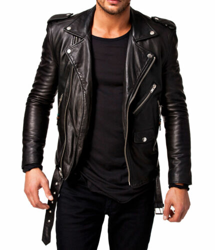 Men Leather Jacket Motorcycle Black Slim fit Biker Genuine lambskin Jacket