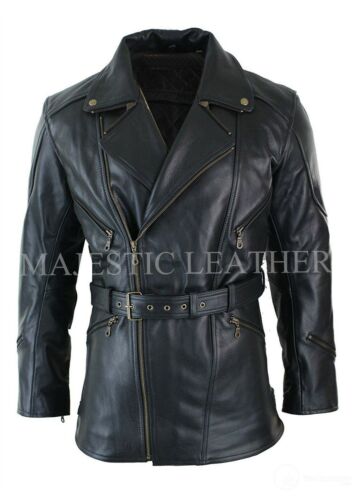 Hombre 3/4 Moto Biker Largo Cuero Vacuno Chaqueta