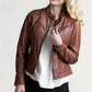 Womens  Genuine Lambskin Real Biker Motorcycle Slim Fit Leather Jacket Brown