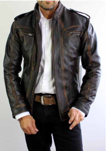 Mens Biker Cafe Racer Vintage Motorcycle Distressed Black Cowhide Leather Jacket