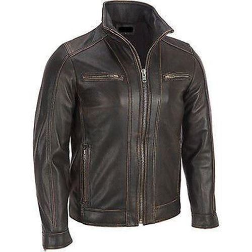 Herren schwarz Nieten Leder faded-seam Jacke Echte Lederjacke