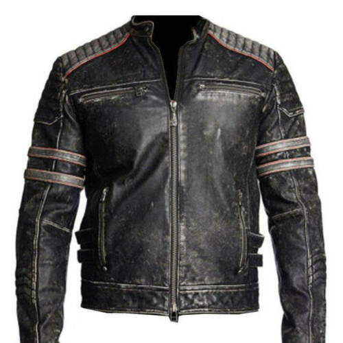Retro Men`s Vintage Distressed Biker Motorcycle Black Leather Jacket