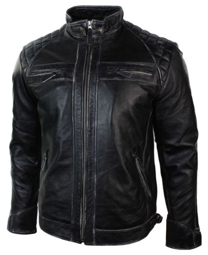 Mens Retro Zipped Biker Jacket Real Leather Black/Brown Rub Off Vintage Style