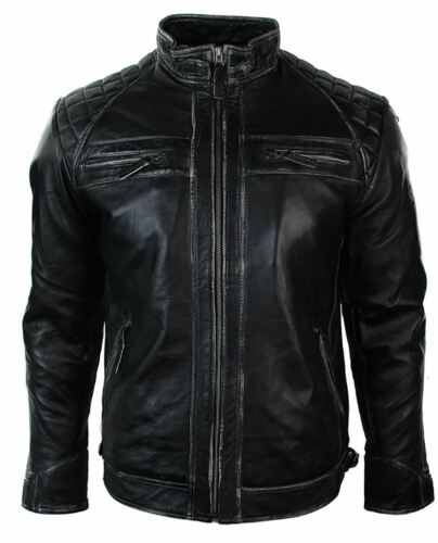 Hombre Retro Chaqueta de Motociclista con Cierre Cuero Auténtico Negro/Marrón