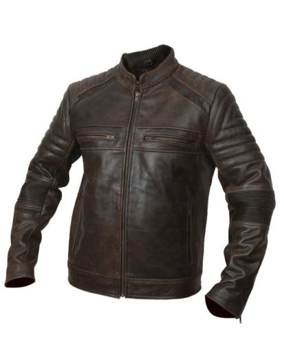 Mens Biker Motorcycle Distressed Brown Leather Jacket-BNWT
