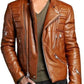 Mens Biker Vintage Distressed Brown Slimfit Cafe Racer Motorcycle Leather Jacket