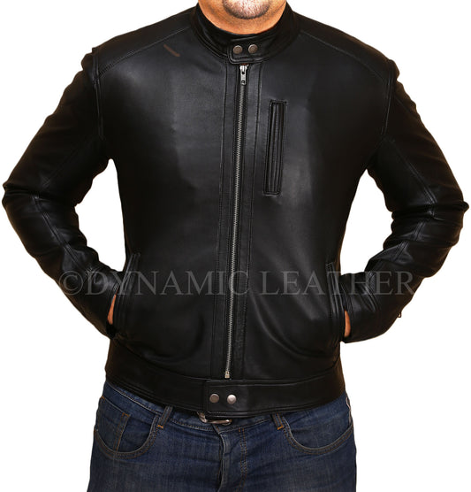 Schwarze Biker Hunt-Lederjacke aus Schaffell für Herren 