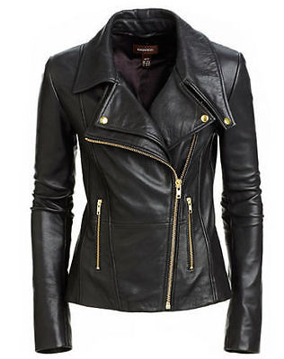 New Women's Black Slim Fit Biker Style Moto Biker Real Leather Jacket