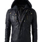 Men's Brando Double Zip Slim Fit Genuine Leather Jacket with Detachable Hood