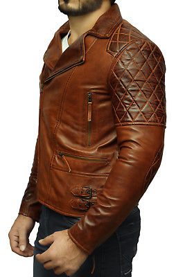 Mens Biker Classic Diamond Motorcycle Brown Distressed Vintage Leather Jacket