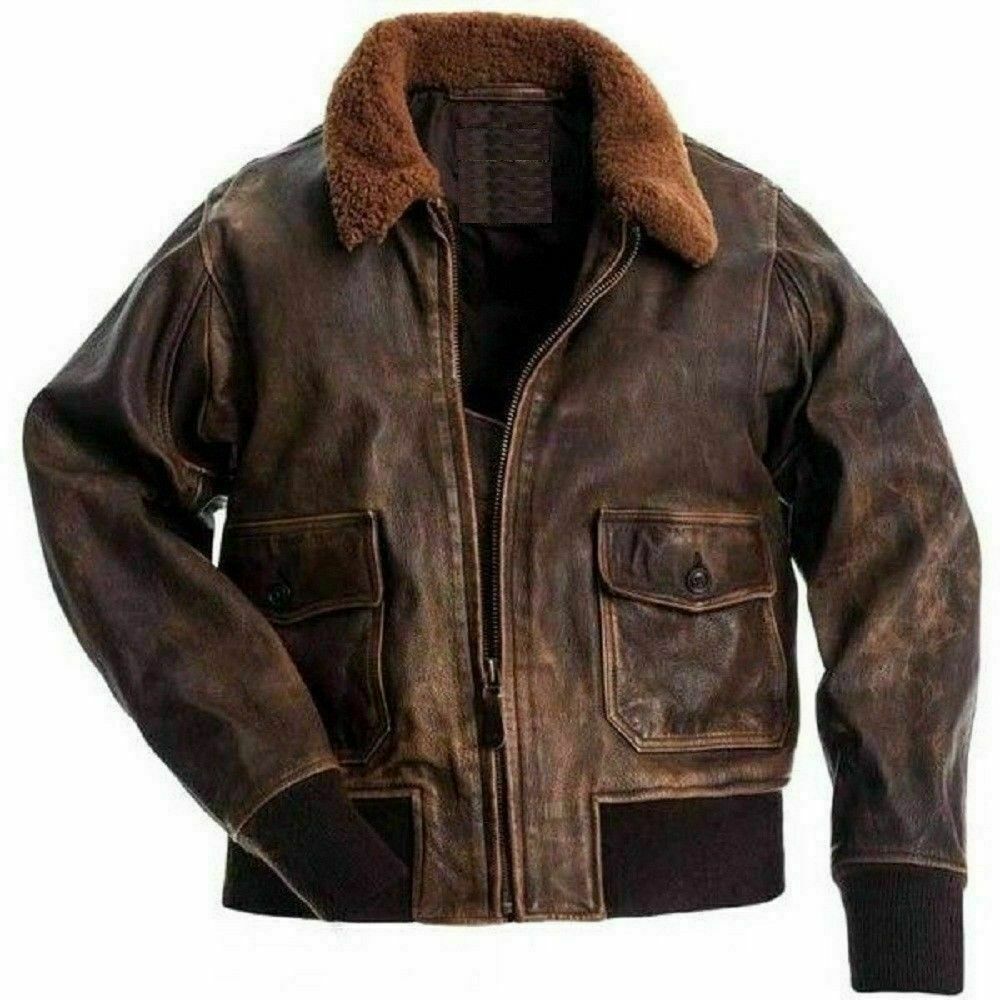 Mens G-1 Navy Leather Bomber Fur Collar Distress Brown Real Leather Jacket (576-A)