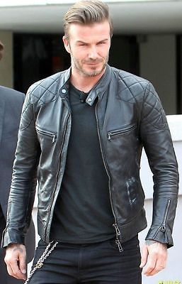 David Beckham – Schwarze Motorrad-Bikerjacke aus echtem Leder in Slim Fit