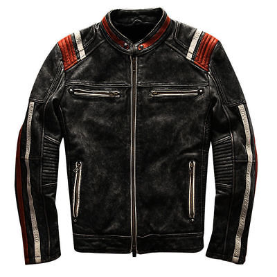 Men's Vintage Motorcycle Cafe Racer Biker Retro Moto Distressed Leather Jacket