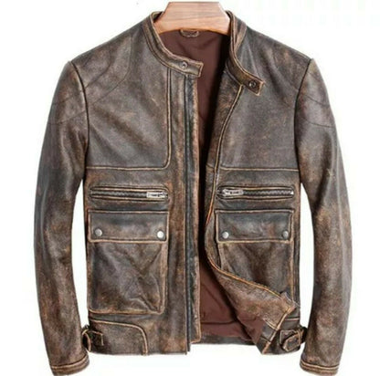 New Men's British Vintage Cowhide Antique Distressed Brown Cafe Racer Leather Jacket