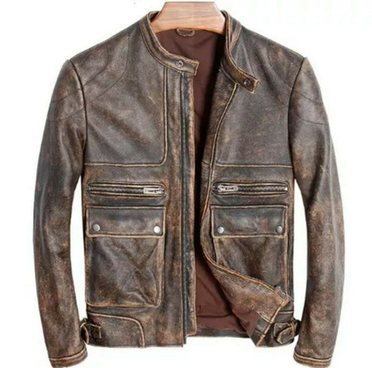 Neue Herren-Lederjacke aus britischem Vintage-Rindsleder im antiken Used-Look in Braun, Cafe Racer 