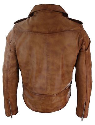 Mens Slim Fit Cross Zip Tan Brown Brando Motorcycle Real Leather Jacket